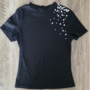 Womens M Black Ribbed Mock Neck Short Sleeve Top Faux Pearl Shoulder Embellished